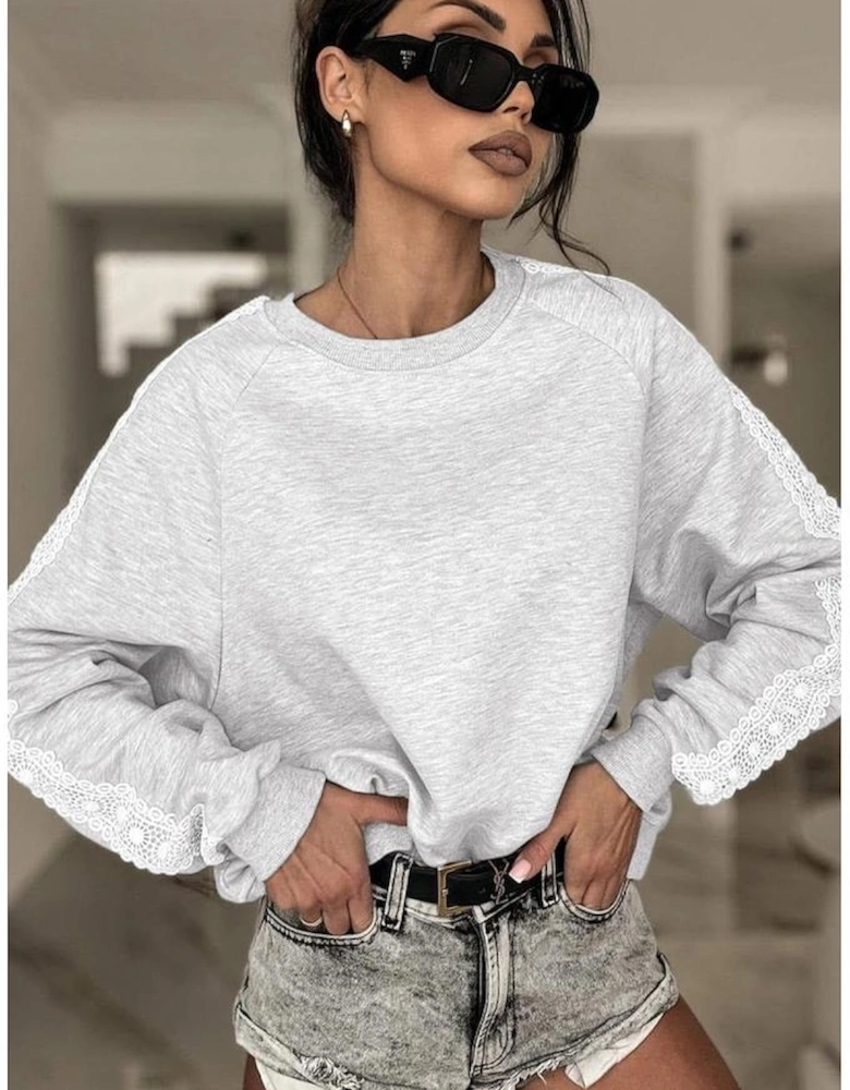 Light Grey Lace Patchwork Raglan Sleeve Crew Neck Sweatshirt
