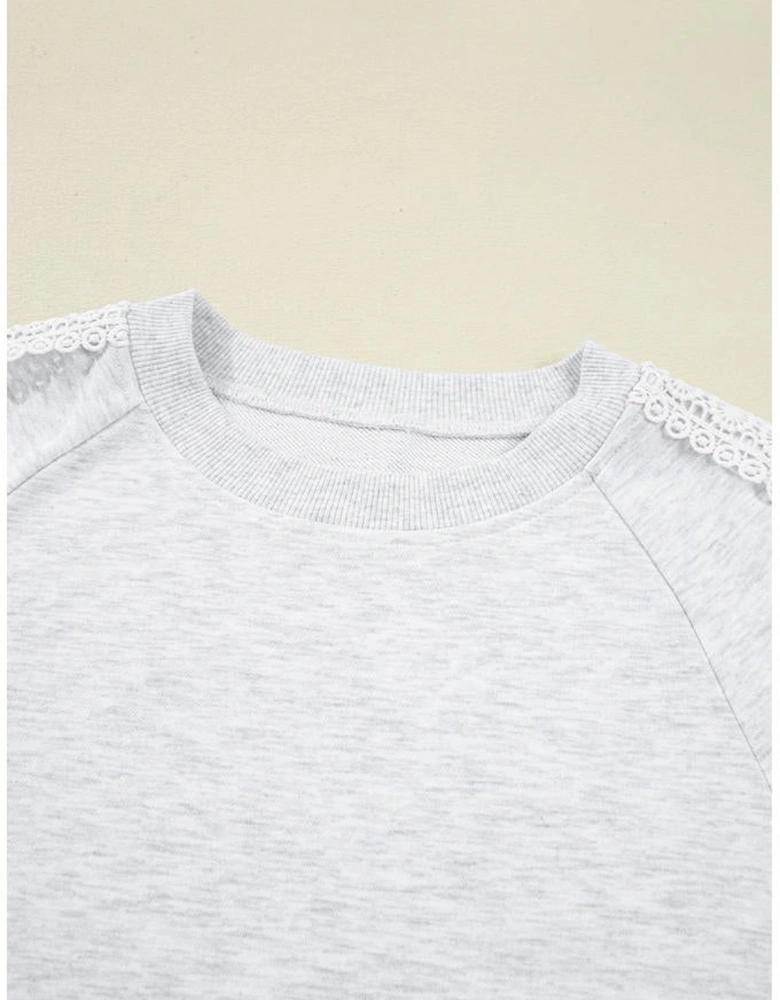 Light Grey Lace Patchwork Raglan Sleeve Crew Neck Sweatshirt