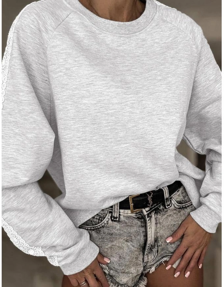 Light Grey Lace Patchwork Raglan Sleeve Crew Neck Sweatshirt