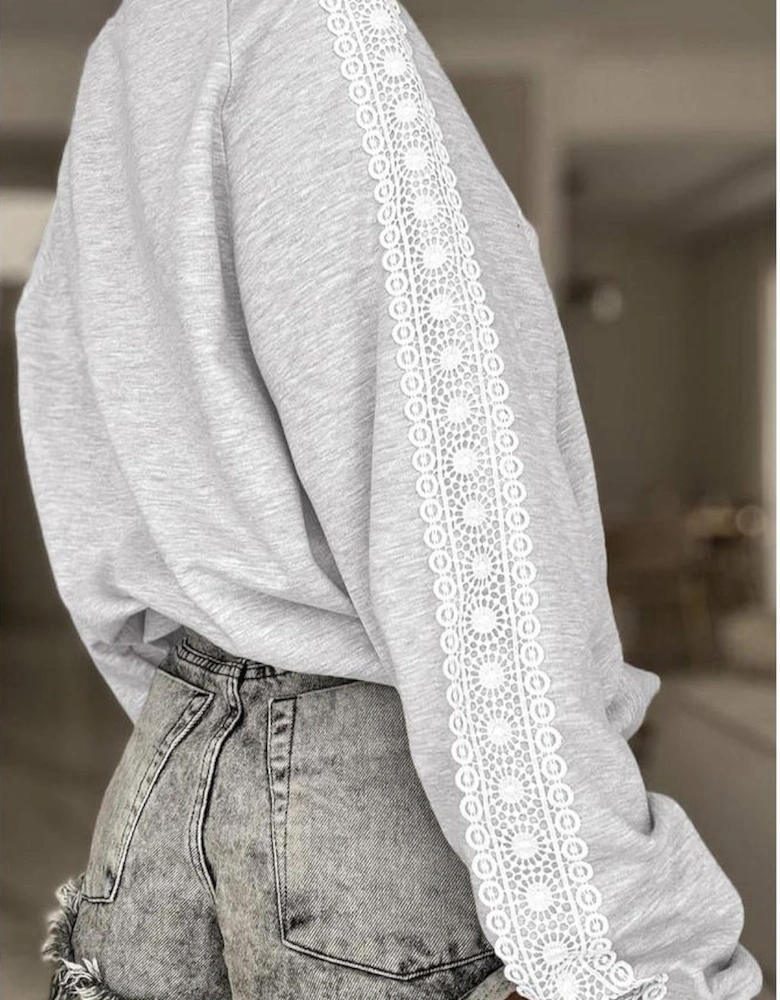 Light Grey Lace Patchwork Raglan Sleeve Crew Neck Sweatshirt