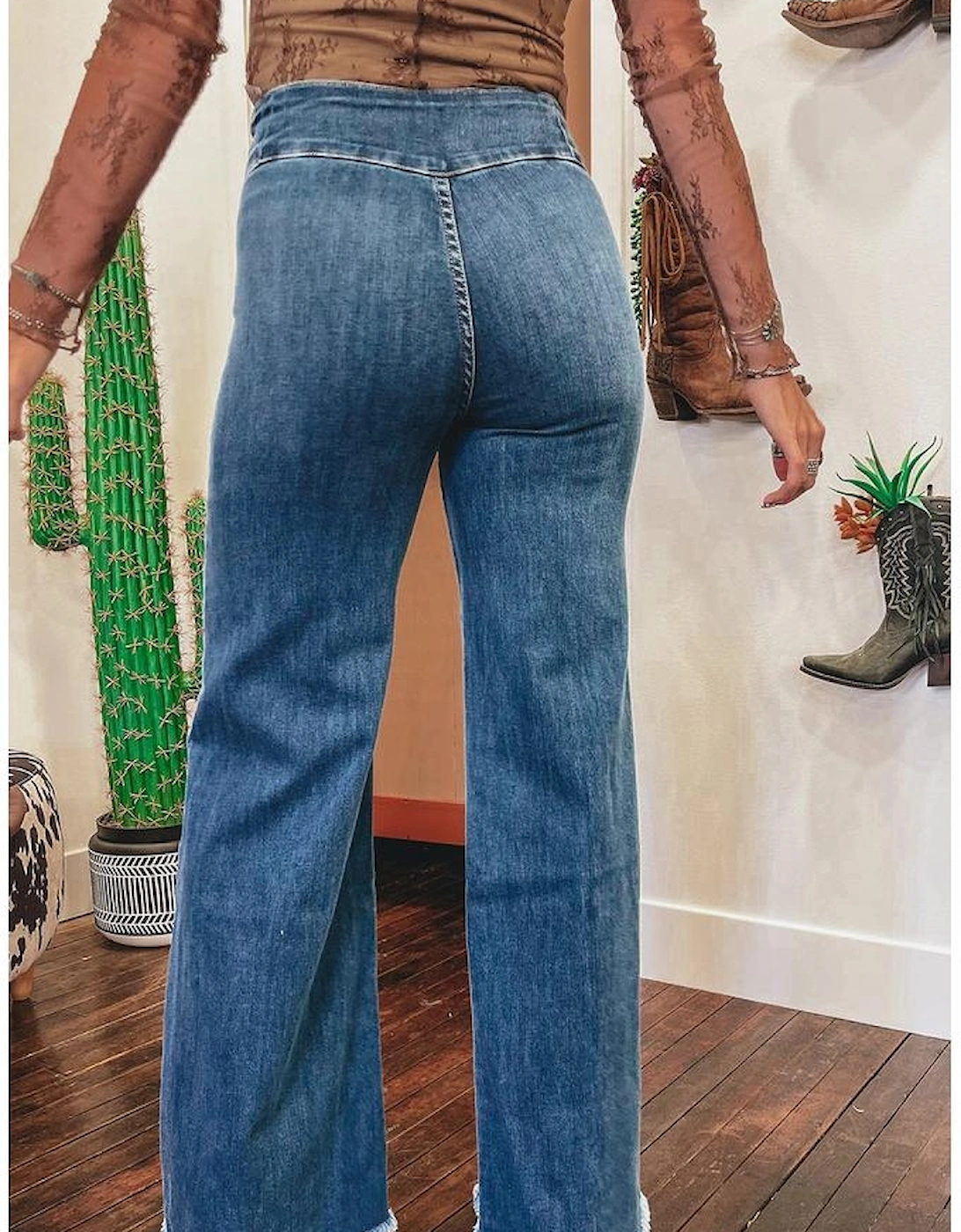 Sail Blue High Waist Button Fly Seamed Raw Hem Flare Jeans