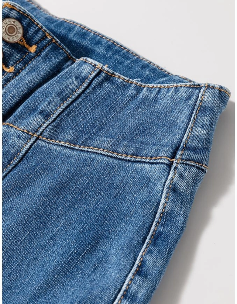 Sail Blue High Waist Button Fly Seamed Raw Hem Flare Jeans