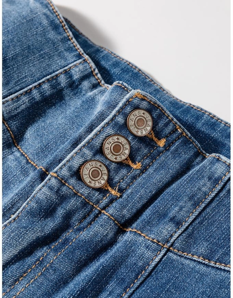 Sail Blue High Waist Button Fly Seamed Raw Hem Flare Jeans