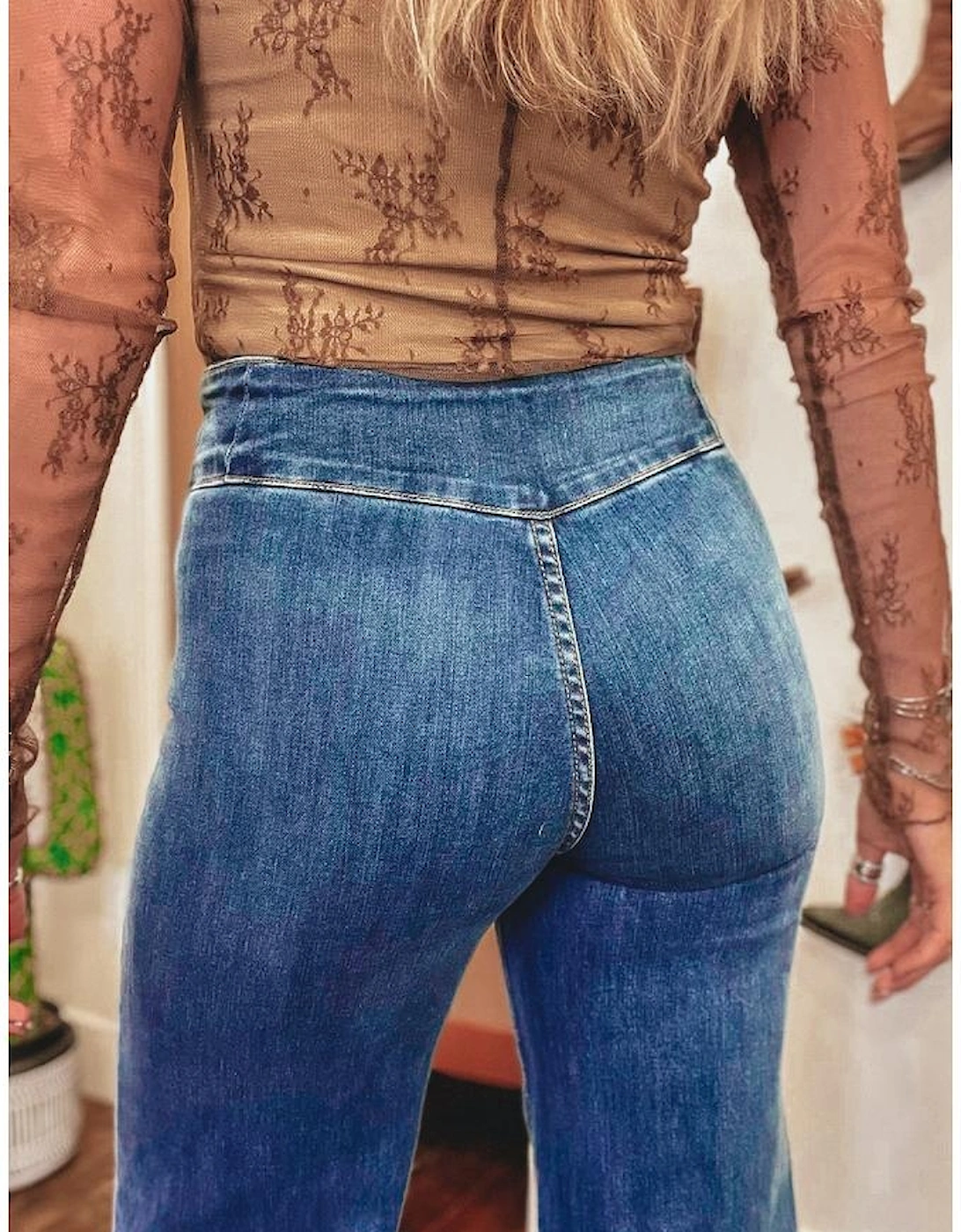 Sail Blue High Waist Button Fly Seamed Raw Hem Flare Jeans