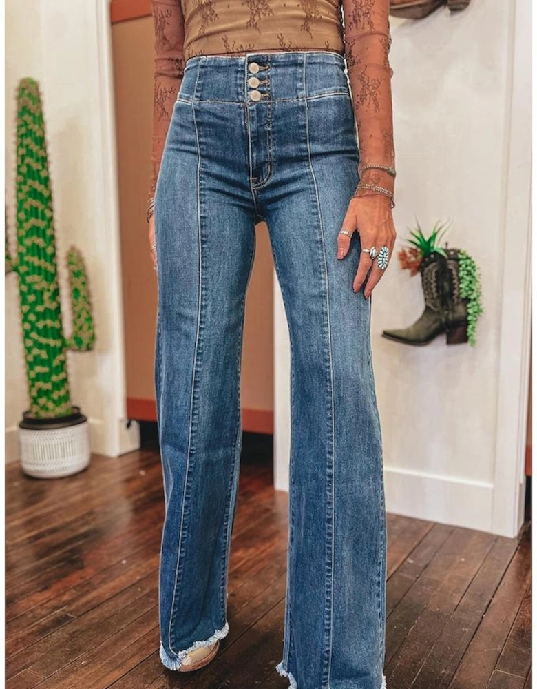 Sail Blue High Waist Button Fly Seamed Raw Hem Flare Jeans