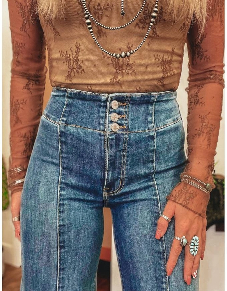 Sail Blue High Waist Button Fly Seamed Raw Hem Flare Jeans