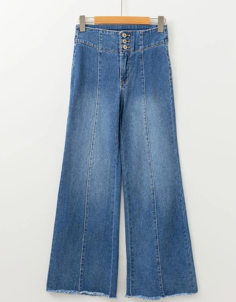 Sail Blue High Waist Button Fly Seamed Raw Hem Flare Jeans