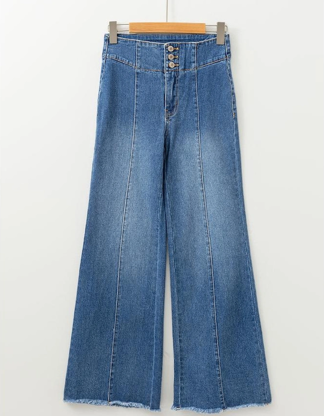 Sail Blue High Waist Button Fly Seamed Raw Hem Flare Jeans
