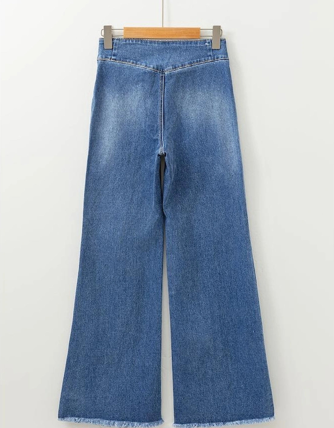 Sail Blue High Waist Button Fly Seamed Raw Hem Flare Jeans