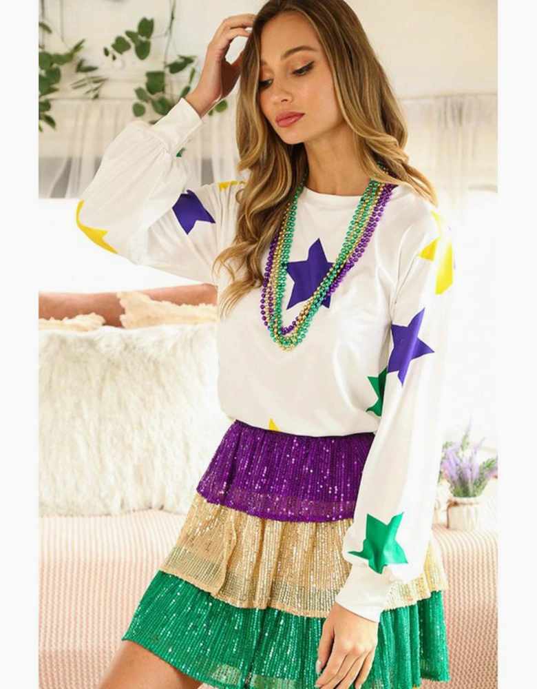 White Mardi Gras Star Printed Long Sleeve Top