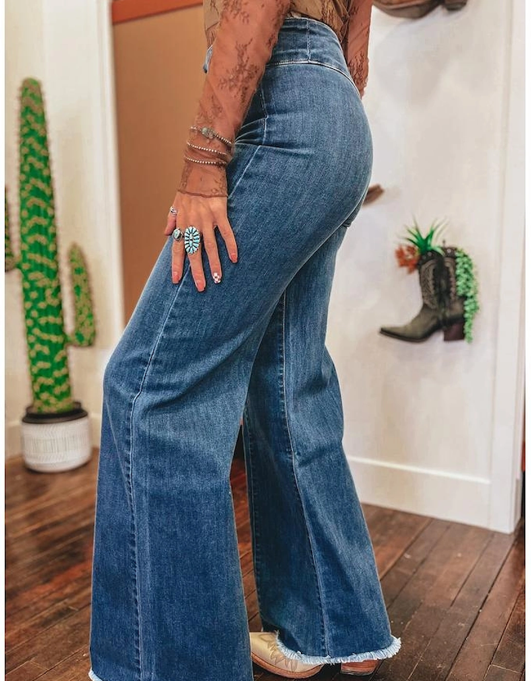 Sail Blue High Waist Button Fly Seamed Raw Hem Flare Jeans