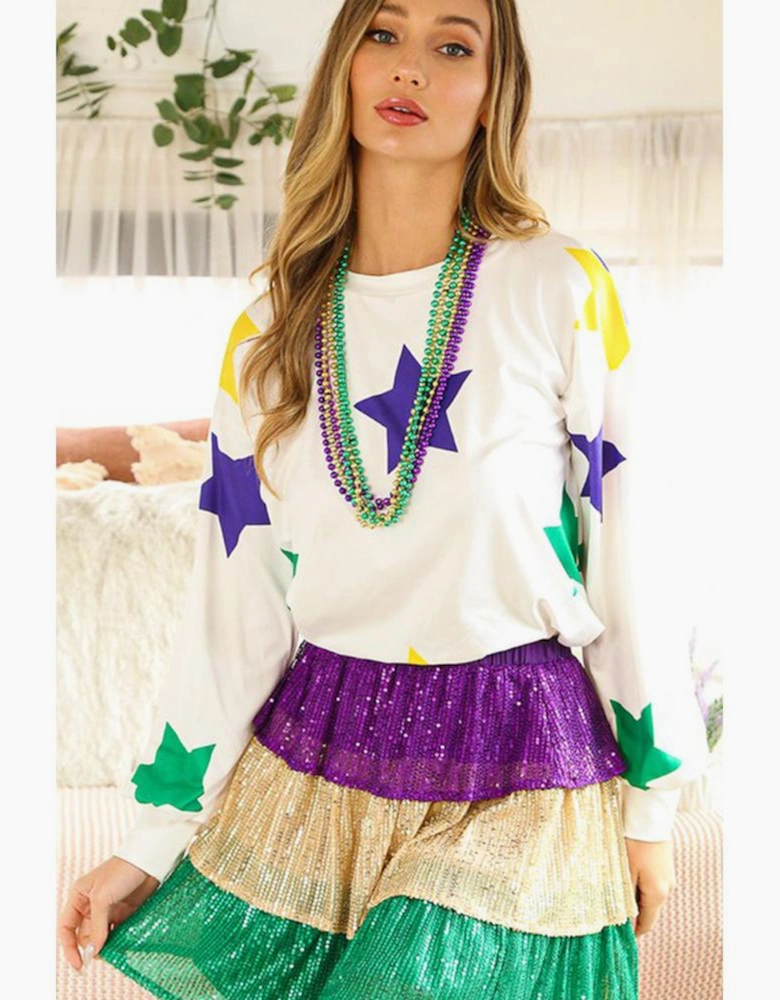 White Mardi Gras Star Printed Long Sleeve Top