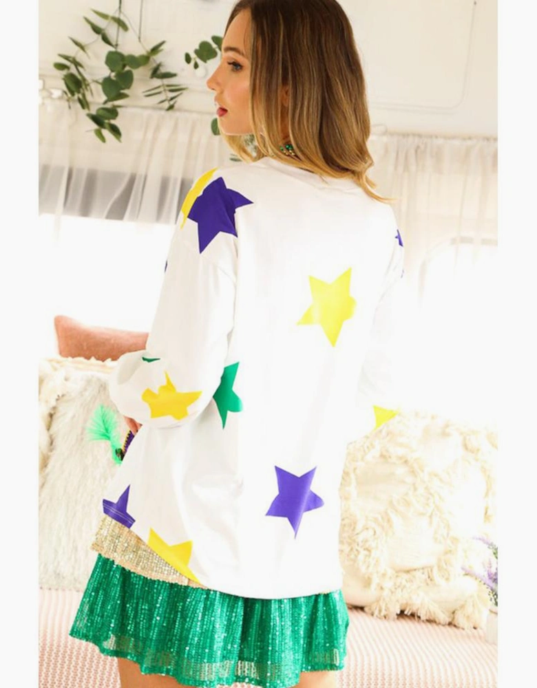 White Mardi Gras Star Printed Long Sleeve Top