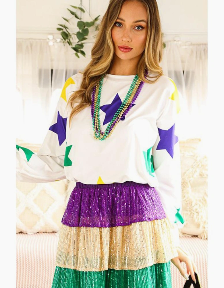 White Mardi Gras Star Printed Long Sleeve Top