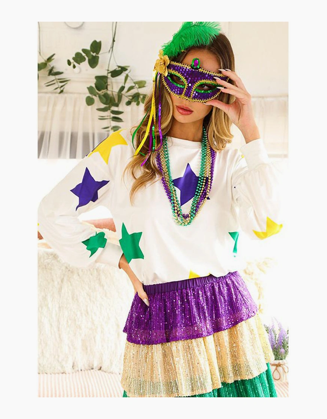 White Mardi Gras Star Printed Long Sleeve Top, 8 of 7