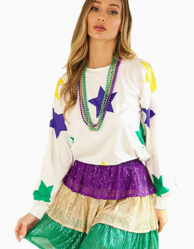 White Mardi Gras Star Printed Long Sleeve Top