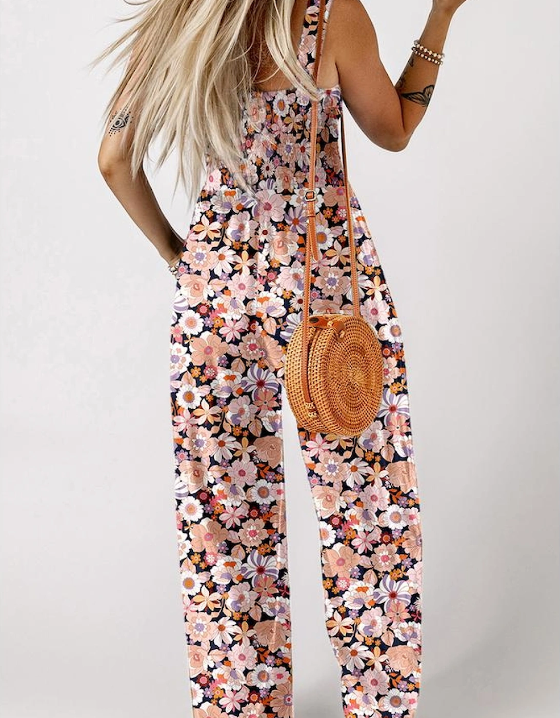 Black Floral Print Smocked High Waist Square Neck Jumpsuit, 13 of 12