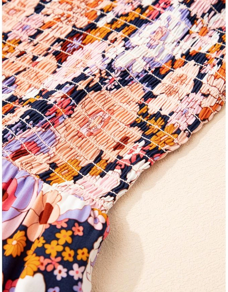 Black Floral Print Smocked High Waist Square Neck Jumpsuit