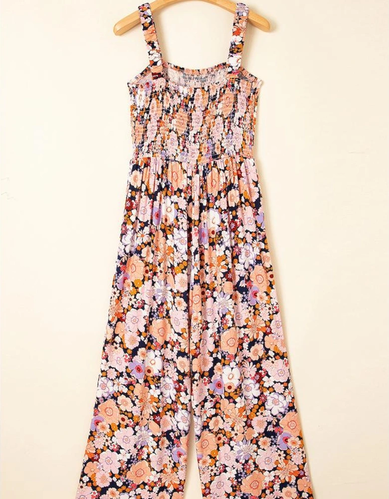 Black Floral Print Smocked High Waist Square Neck Jumpsuit