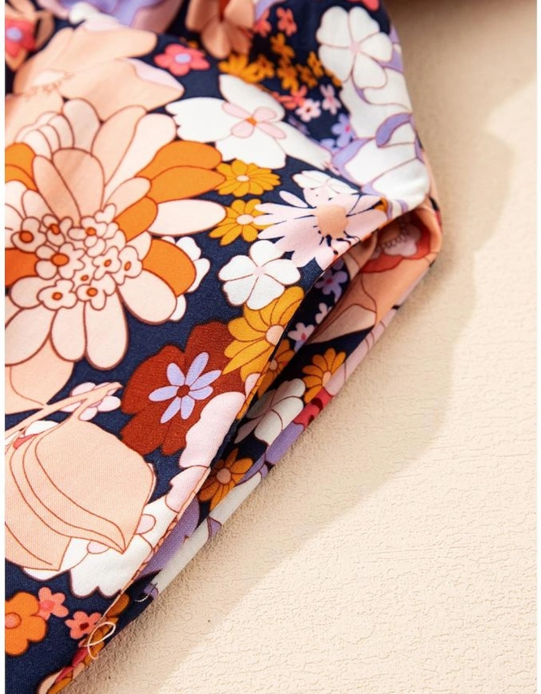 Black Floral Print Smocked High Waist Square Neck Jumpsuit