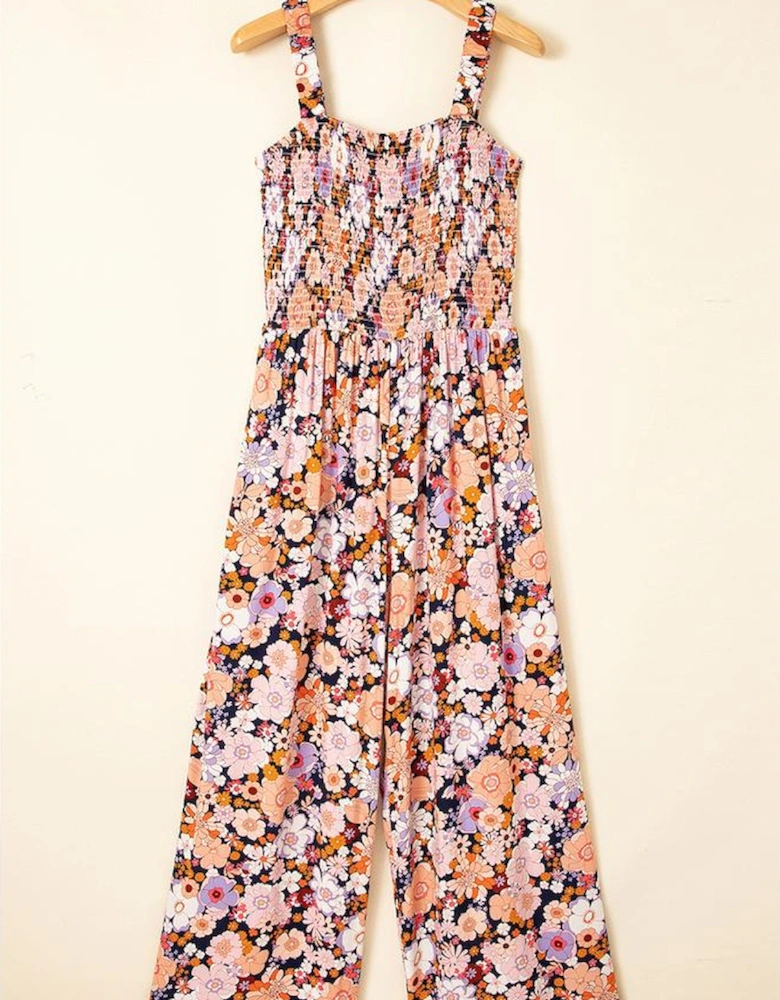 Black Floral Print Smocked High Waist Square Neck Jumpsuit
