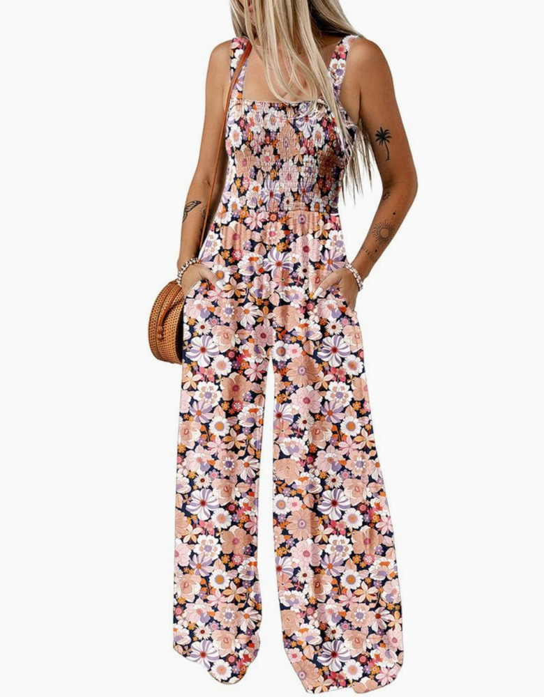 Black Floral Print Smocked High Waist Square Neck Jumpsuit