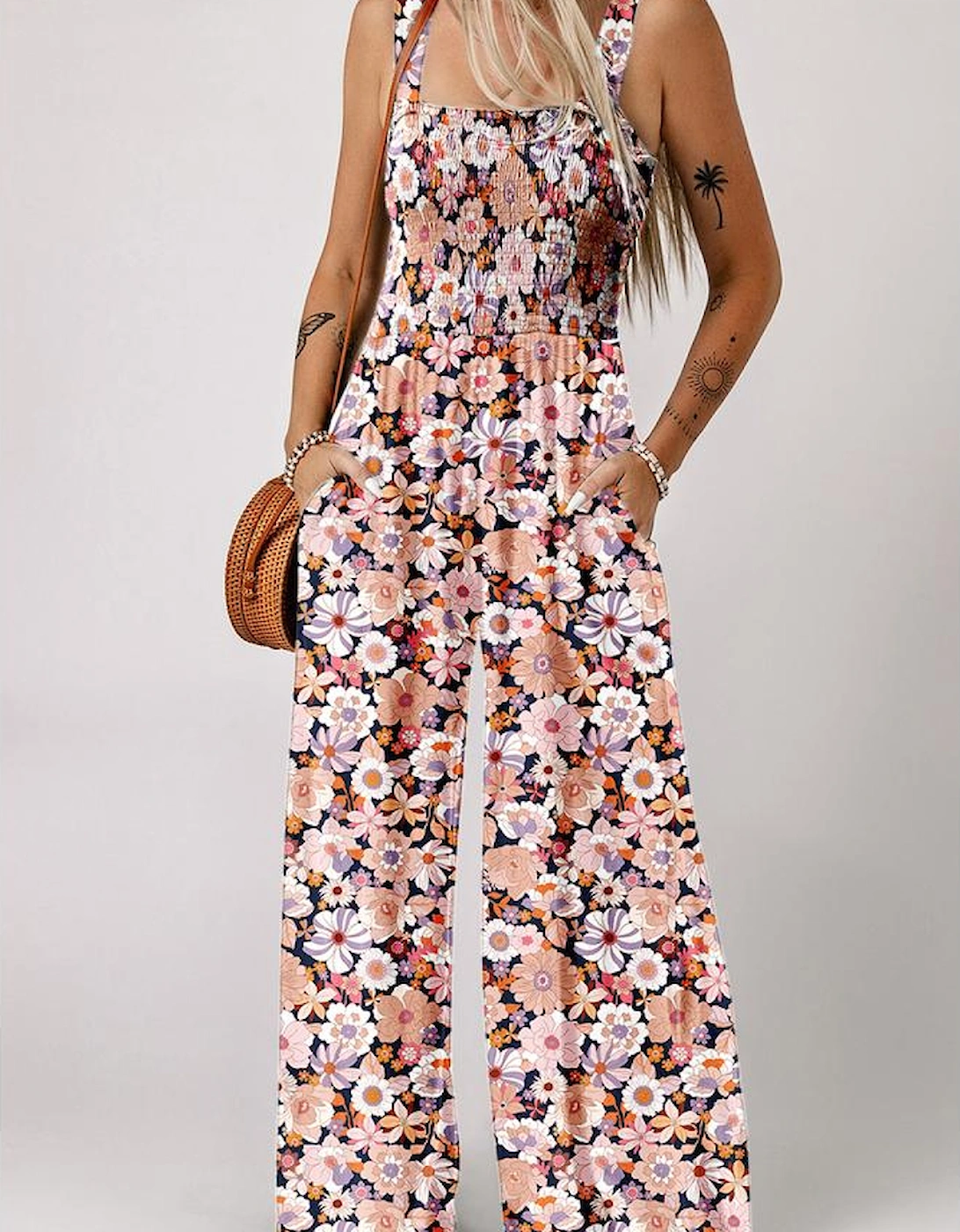 Black Floral Print Smocked High Waist Square Neck Jumpsuit