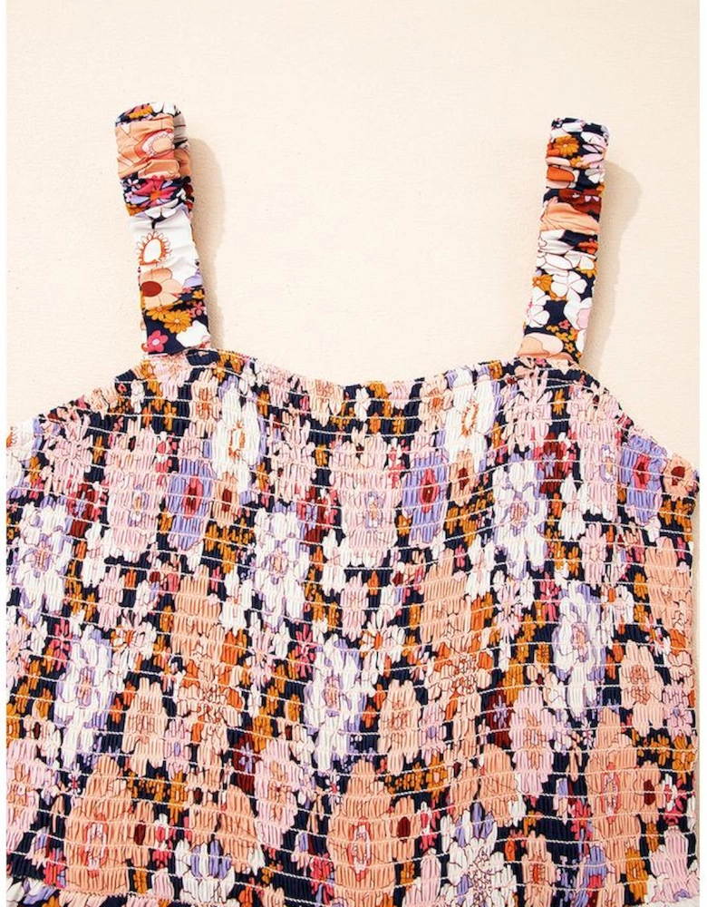 Black Floral Print Smocked High Waist Square Neck Jumpsuit