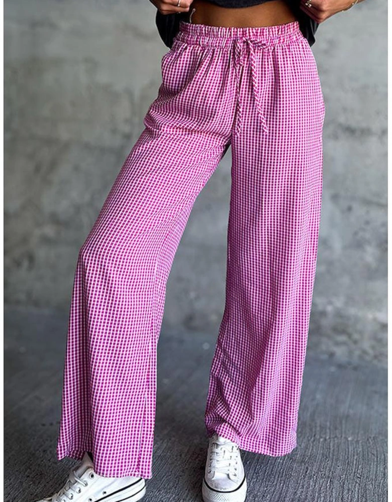 Pink Plaid Print Drawstring High Waist Wide Leg Casual Pants