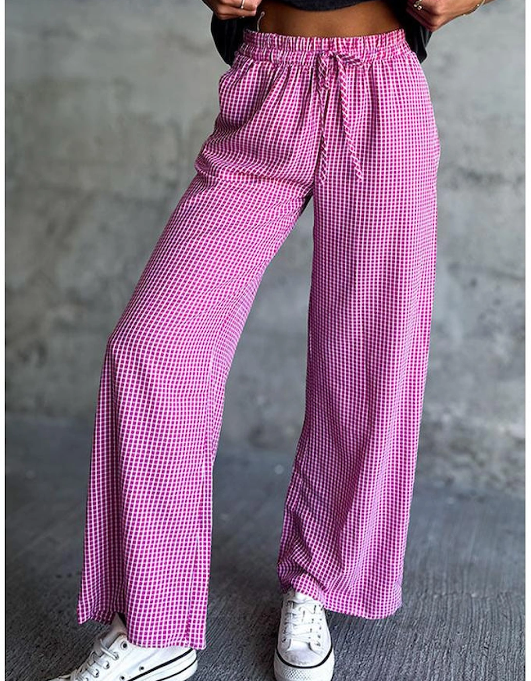 Pink Plaid Print Drawstring High Waist Wide Leg Casual Pants