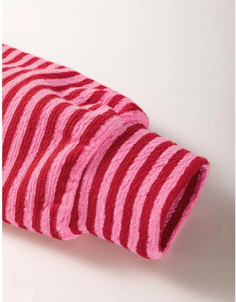 Pink Floral Patch Color Block Striped Sleeve Textured Top