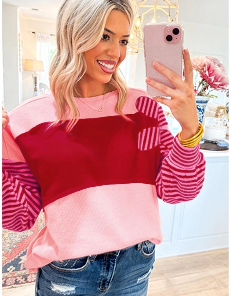 Pink Floral Patch Color Block Striped Sleeve Textured Top