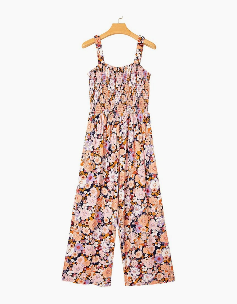 Black Floral Print Smocked High Waist Square Neck Jumpsuit