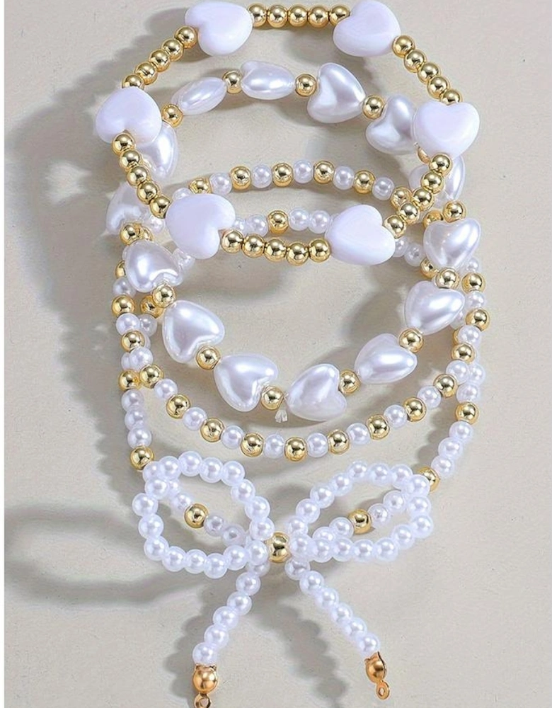 White Bow Knot Heart Shape Faux Pearl Beaded Bracelet Set