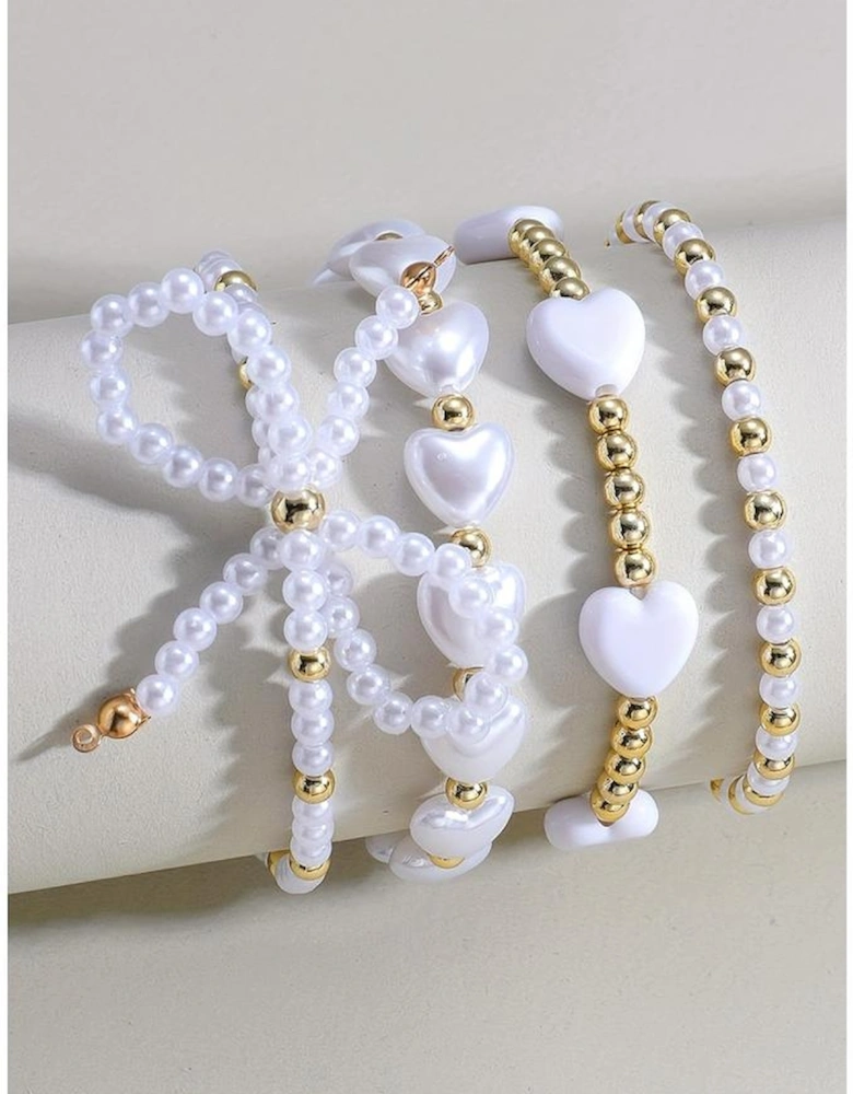 White Bow Knot Heart Shape Faux Pearl Beaded Bracelet Set