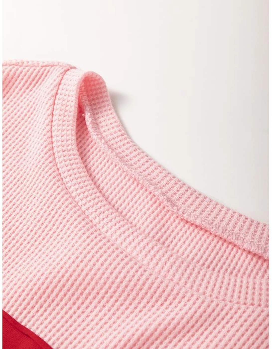 Pink Floral Patch Color Block Striped Sleeve Textured Top