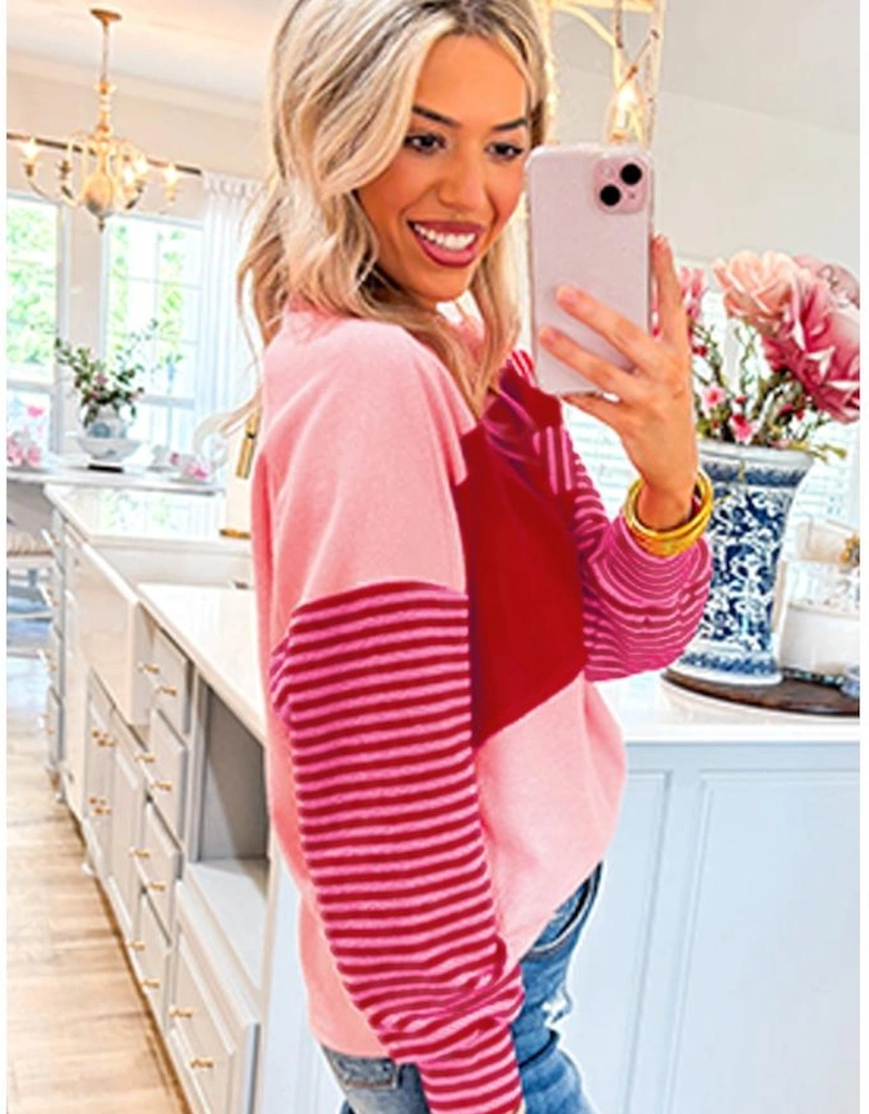 Pink Floral Patch Color Block Striped Sleeve Textured Top