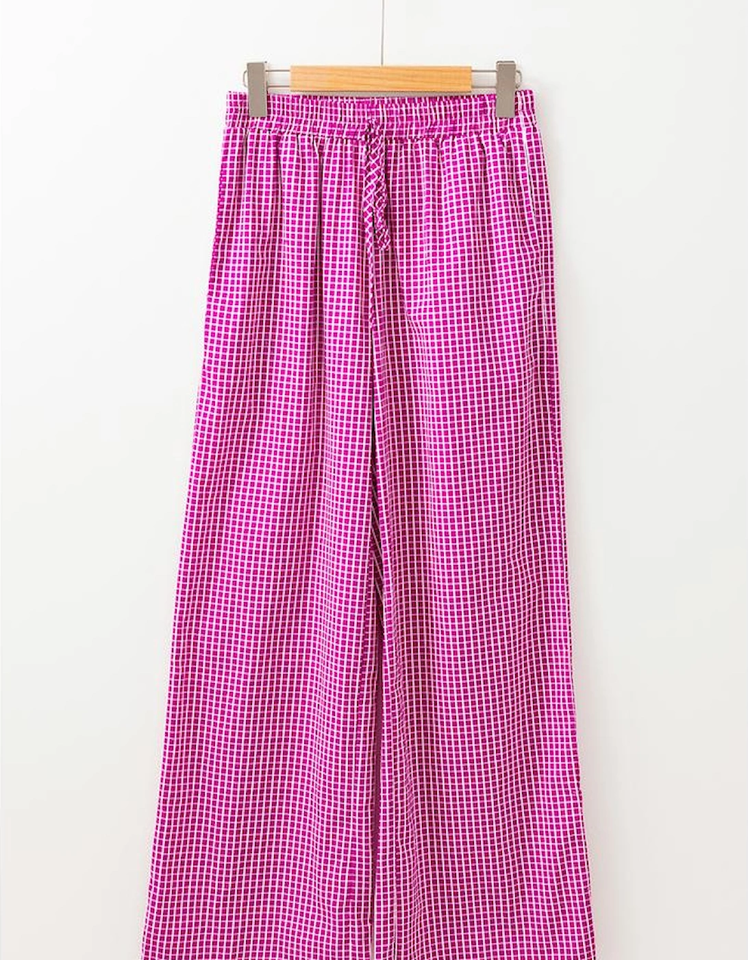Pink Plaid Print Drawstring High Waist Wide Leg Casual Pants