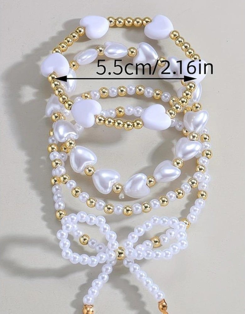 White Bow Knot Heart Shape Faux Pearl Beaded Bracelet Set
