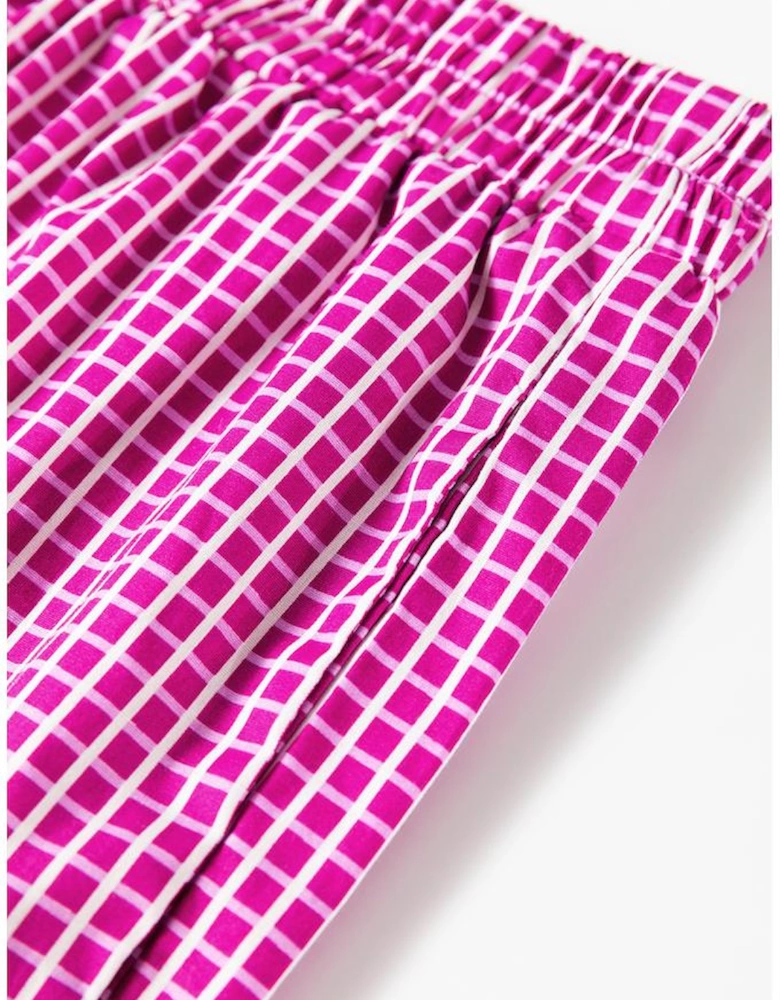 Pink Plaid Print Drawstring High Waist Wide Leg Casual Pants