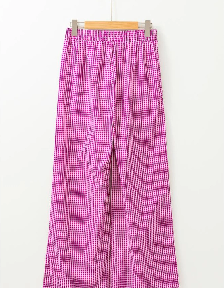 Pink Plaid Print Drawstring High Waist Wide Leg Casual Pants