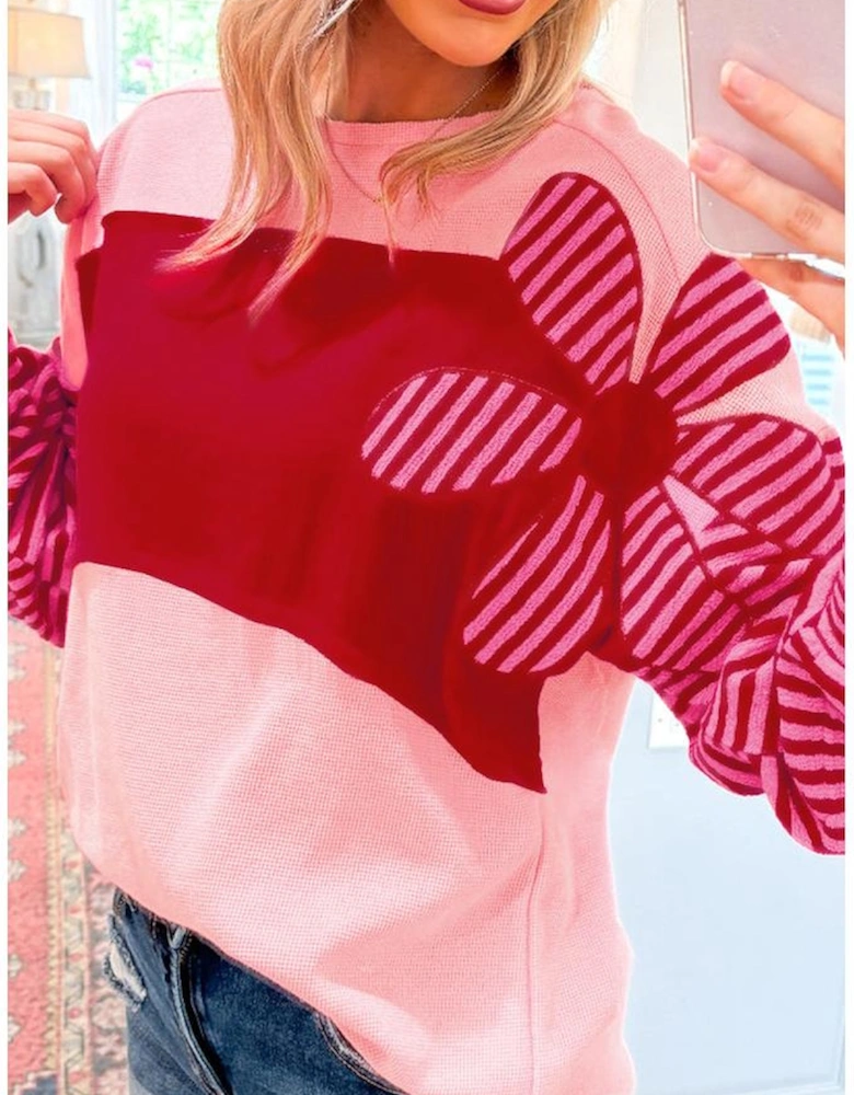 Pink Floral Patch Color Block Striped Sleeve Textured Top