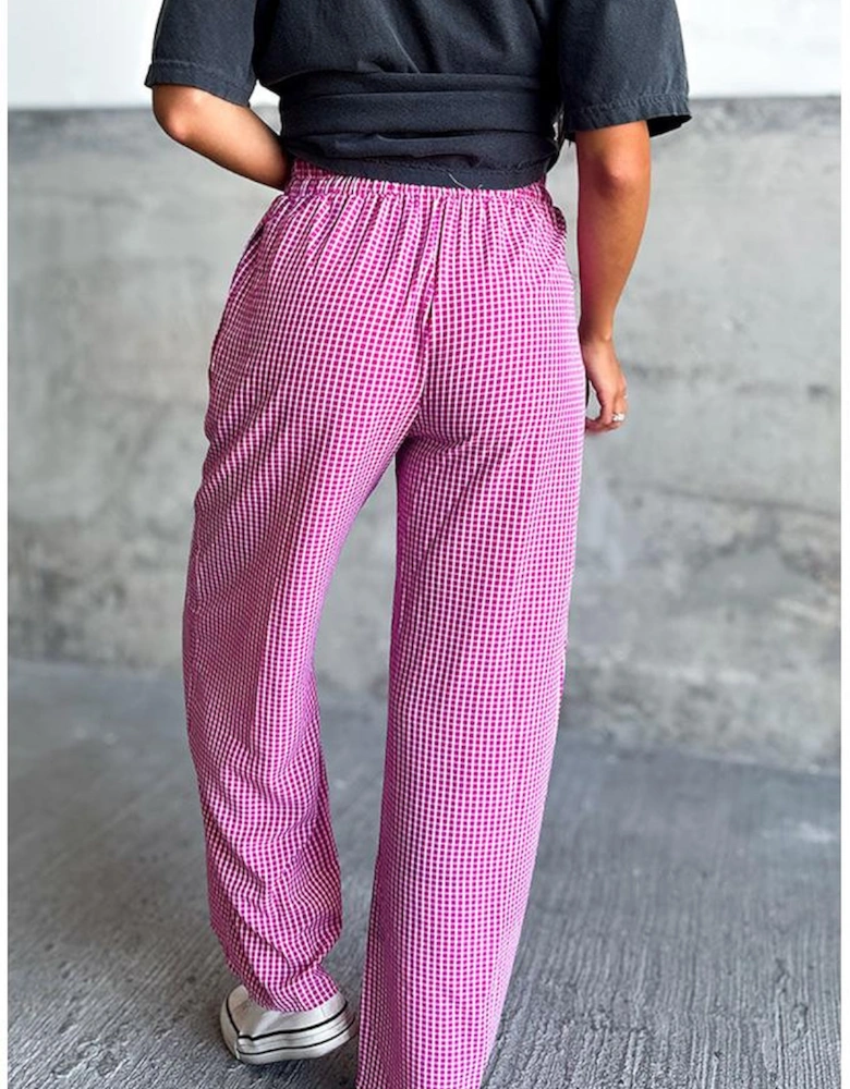 Pink Plaid Print Drawstring High Waist Wide Leg Casual Pants