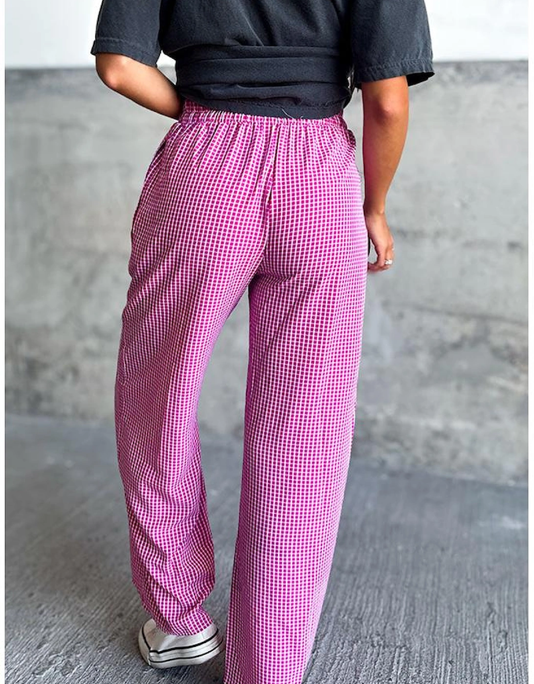 Pink Plaid Print Drawstring High Waist Wide Leg Casual Pants