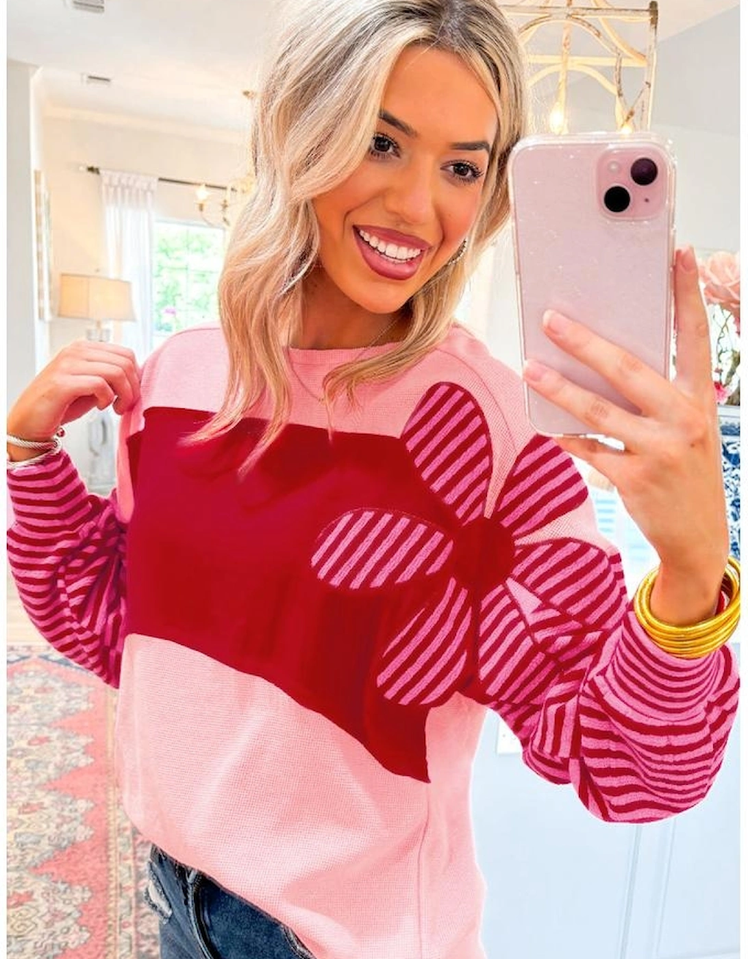 Pink Floral Patch Color Block Striped Sleeve Textured Top