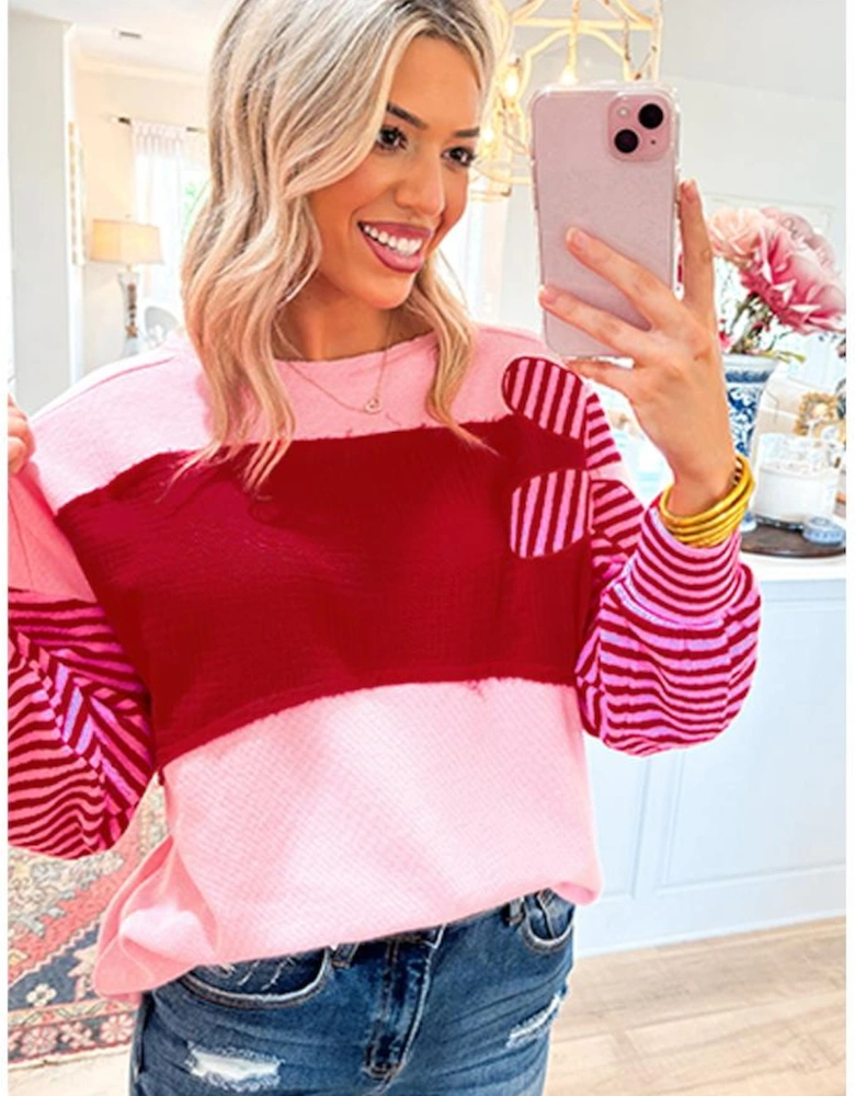 Pink Floral Patch Color Block Striped Sleeve Textured Top