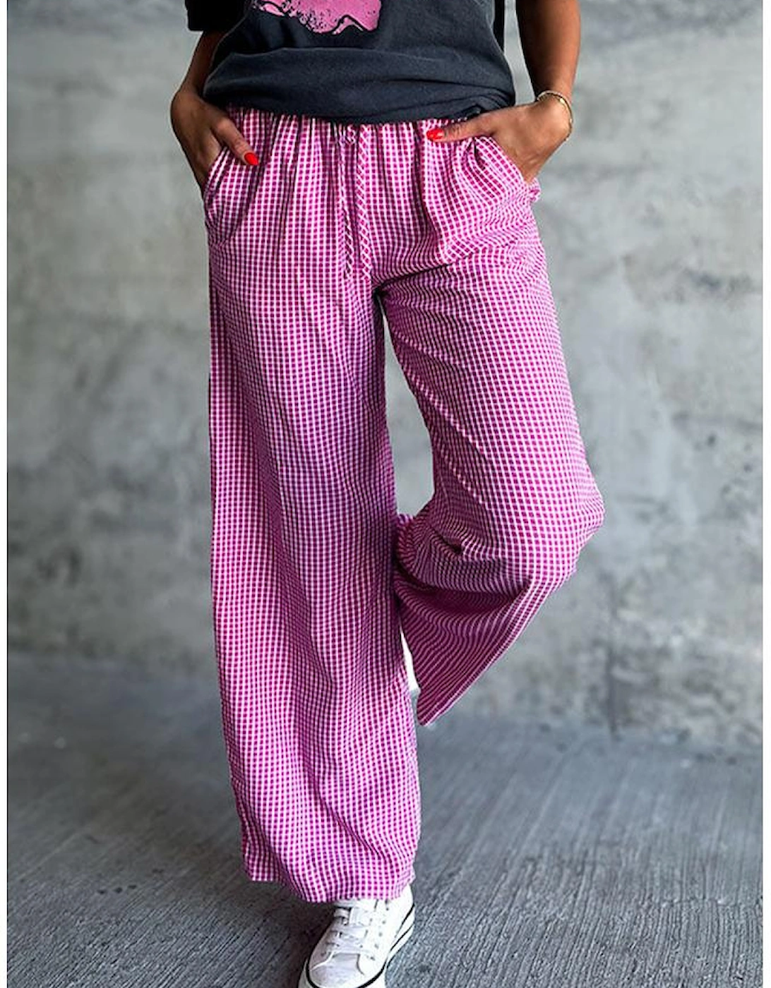 Pink Plaid Print Drawstring High Waist Wide Leg Casual Pants