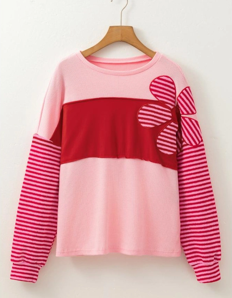 Pink Floral Patch Color Block Striped Sleeve Textured Top