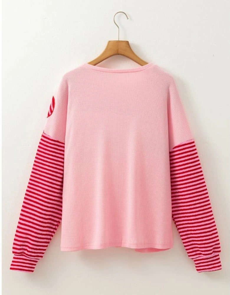 Pink Floral Patch Color Block Striped Sleeve Textured Top