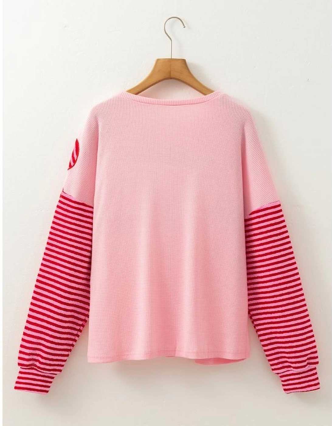 Pink Floral Patch Color Block Striped Sleeve Textured Top